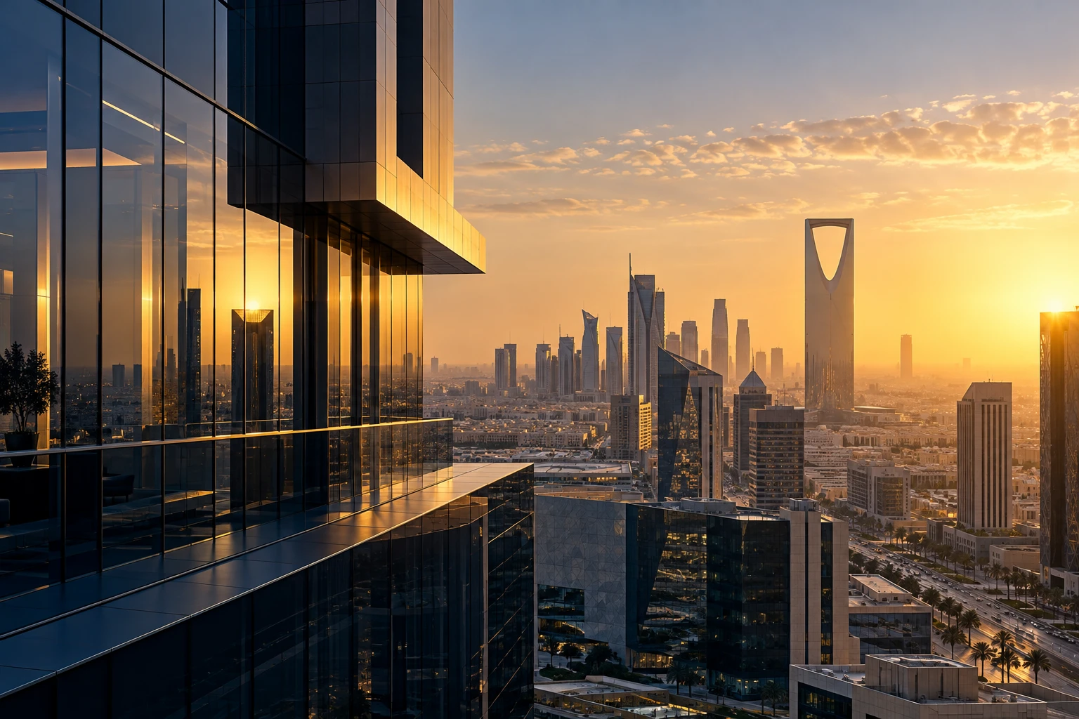 Saudi city skyline at golden hour